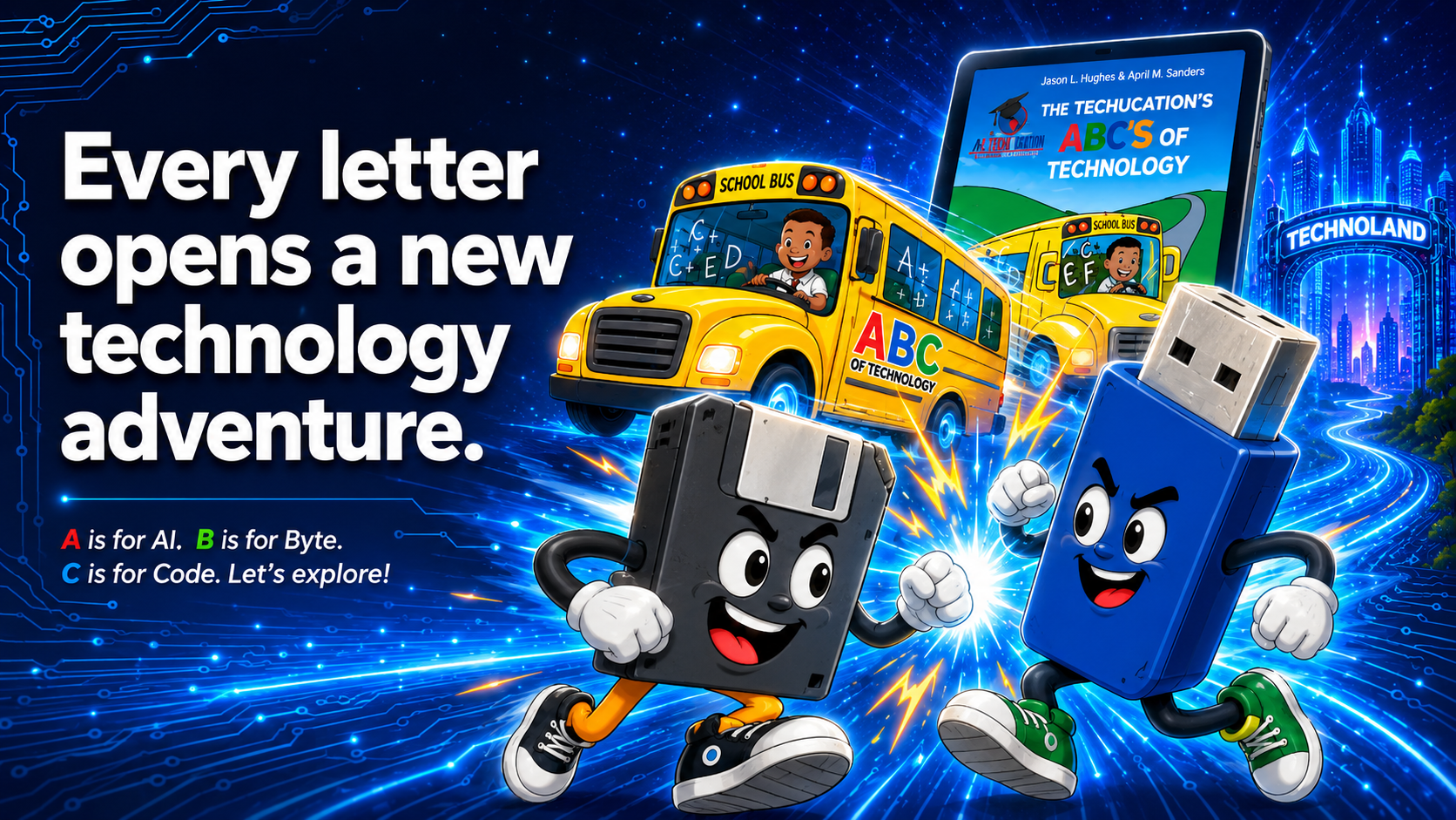 Floppy Disk and Flash Drive characters racing and playfully battling on the road to Technoland with the ABC Tech Bus